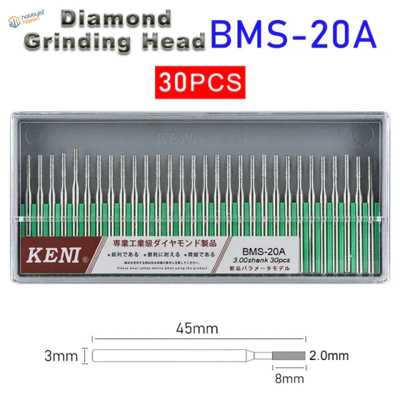 30Pcs 3mm shank diamond grinding heads BMS-20A by Keni, 24 models