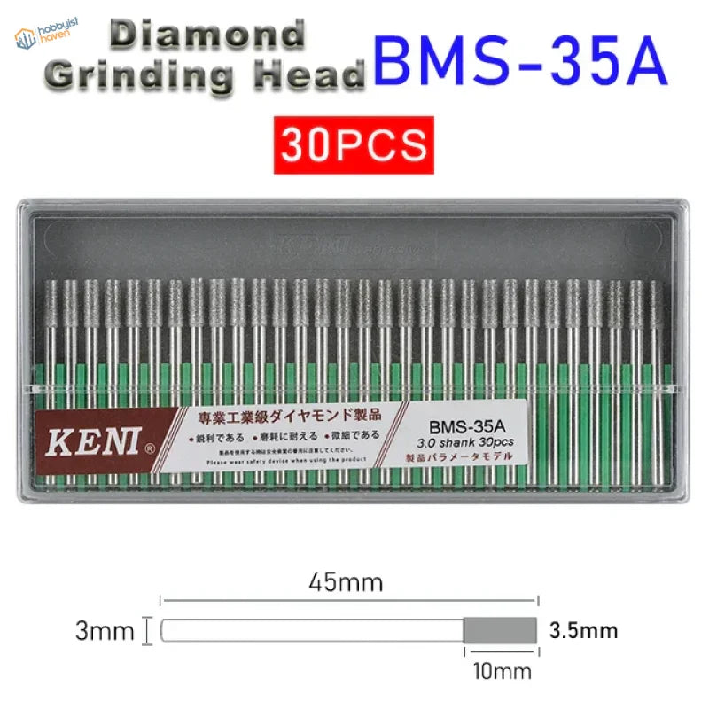 30pcs 3mm shank diamond grinding heads BMS-35A set silver with green tips