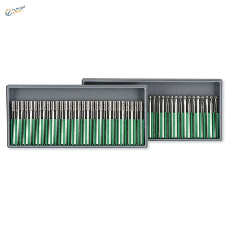 24 diamond grinding heads with green handles in gray trays, 3mm shank