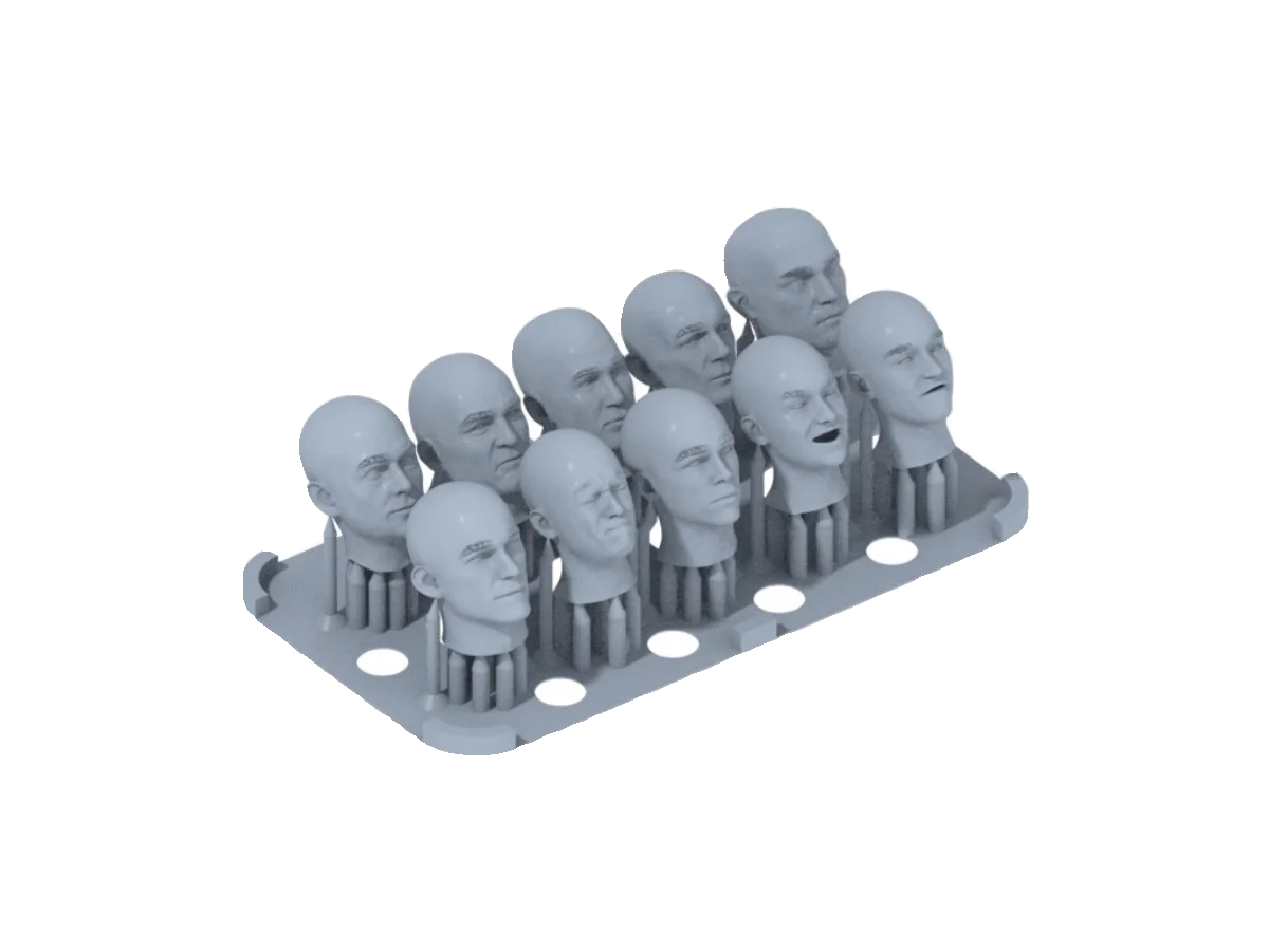 Gray plastic stand with 10pcs 1/35 3D-printed assorted heads for scale modeling