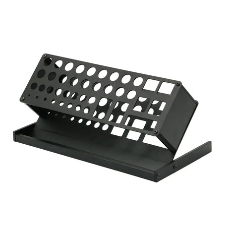 Black metallic angled holding shelf with 41 perforated holes