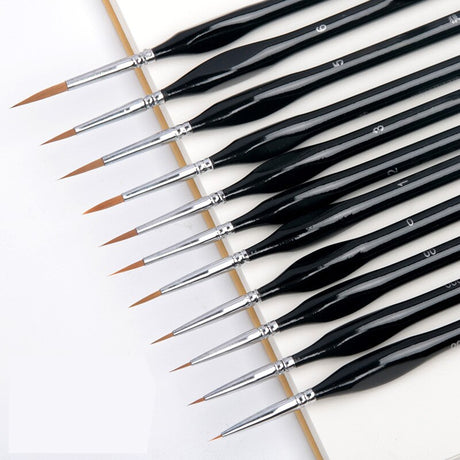 Triangular handle precision brushes with black handles, fine tips, silver ferrules