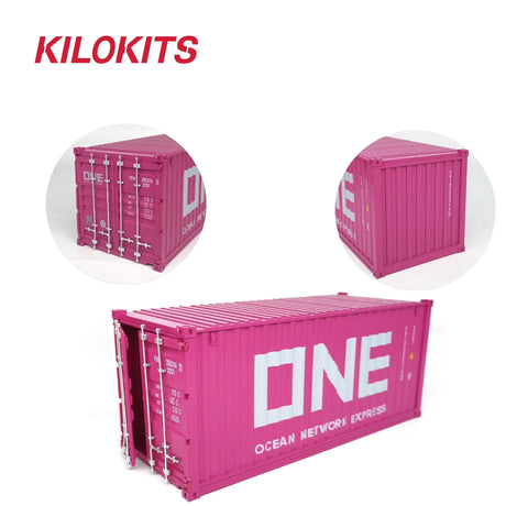 A vibrant pink 1/35 20ft shipping container model kit with white one ocean network express branding and metallic latches for precision hobby tools
