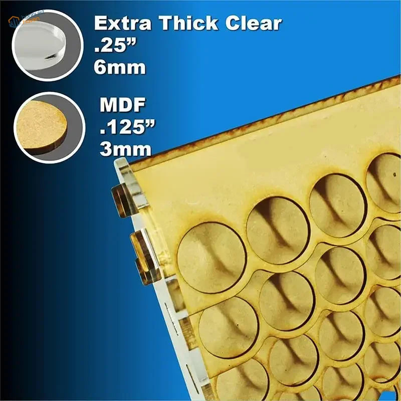 35 slots paint storage rack with clear acrylic and MDF circular cutouts in grid
