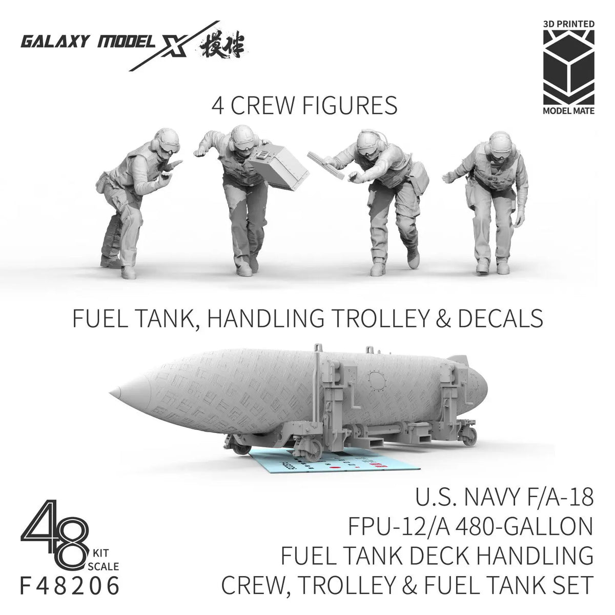 Gray 3d-printed crew figures from galaxy 1/48 f/a-18 deck handling crew set with fuel tank accessory