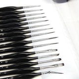 15pcs precision brush set with black handles and silver ferrules
