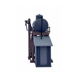 Dark gray plastic ho scale 1 87 storage tank kit with corrugated roof and cylindrical tank for model railroads