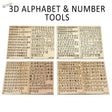 Set of six light brown wooden 3D letters and numbers scale modeling tools