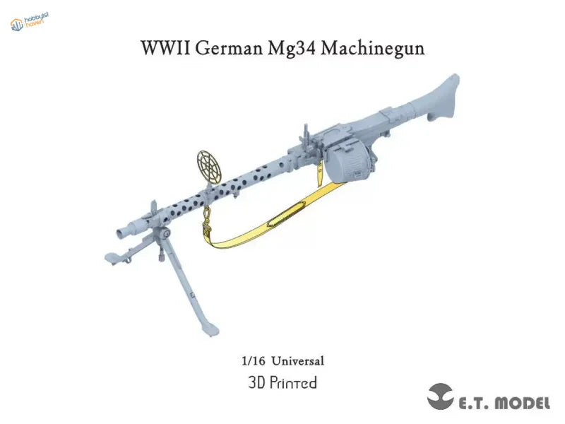 Gray 3D-printed 1/16 German WWII MG34 machinegun model with gold strap