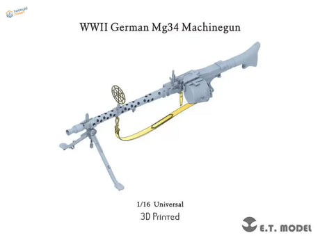 Gray 3D-printed 1/16 German WWII MG34 machinegun model with gold strap
