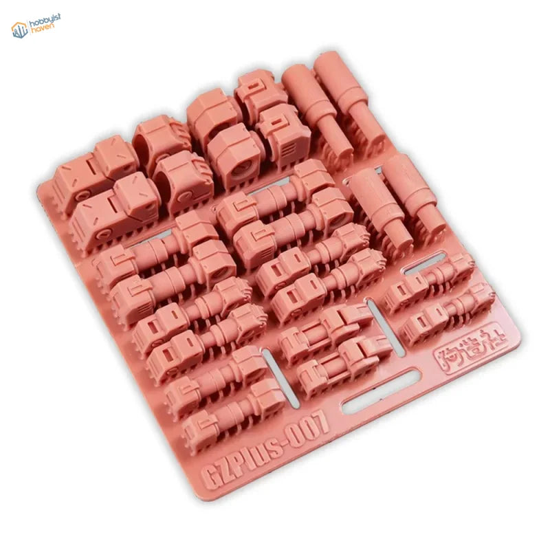 Pink silicone mold of 3D printed hydraulic actuators for robot Gunpla parts