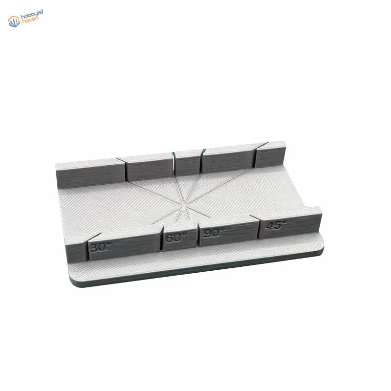 3D-printed cutting jig with gray plastic miter saw guide and 30 45 60 90 degree angles