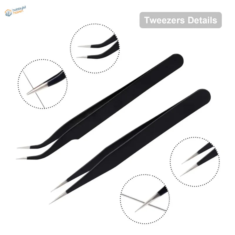 Black-handled precision tweezers in 3D printer nozzle cleaning kit