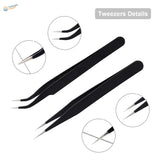 Black-handled precision tweezers in 3D printer nozzle cleaning kit