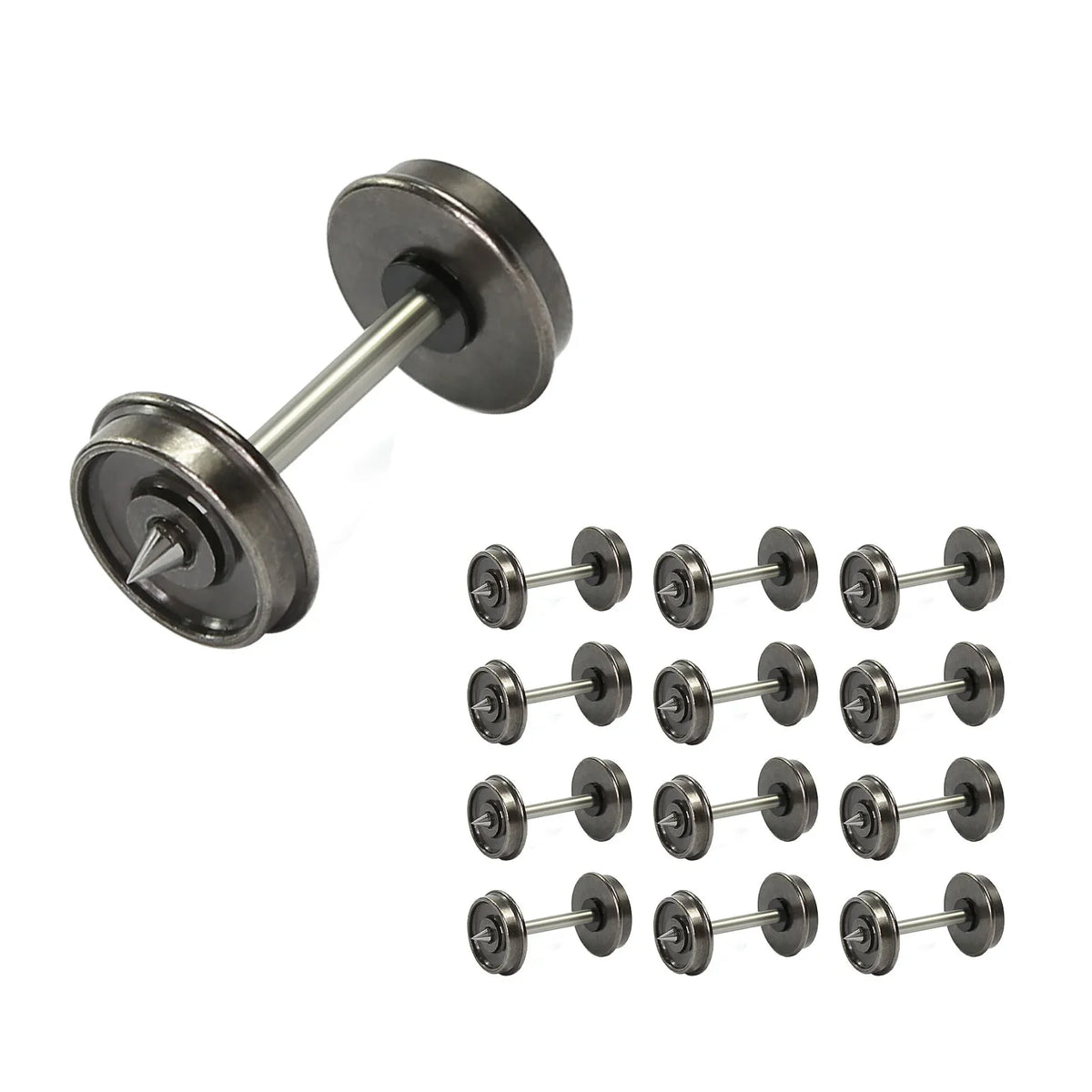 Metallic gray 1/87 ho scale metal train wheels with central axle and two circular flanges including one pointed tip