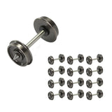 Metallic gray 1/87 ho scale metal train wheels with central axle and two circular flanges including one pointed tip