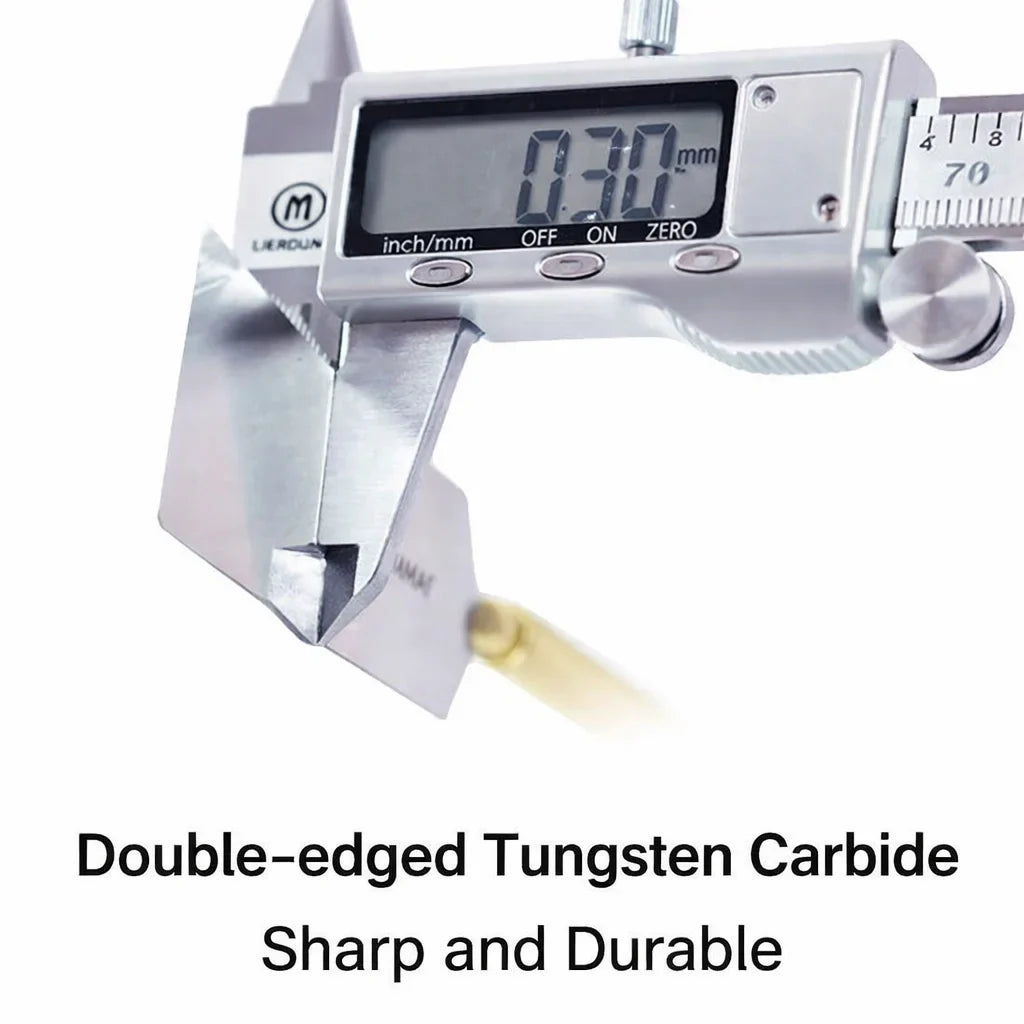 Silver digital caliper measuring the double-edged tungsten carbide stainless blade of the manwah ultra-thin saw for scale modeling tools