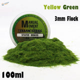 3mm yellow green static grass in clear container labeled Manual Moment Terrain Series