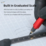Red-handled craft knife cutting on graduated plastic board grid mat