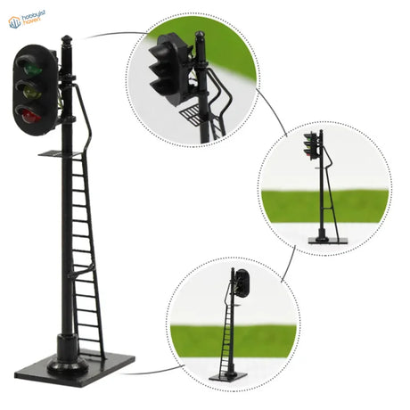 Black metal model railroad signal post with ladder and three-light traffic light head for ho scale railway block signals