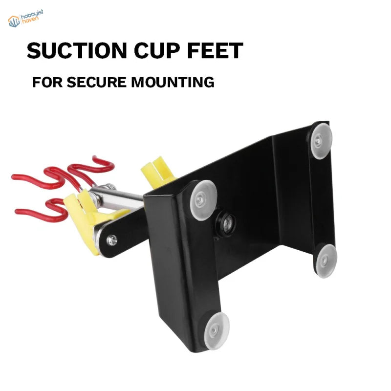 4 mount professional airbrush holder with black bracket, clear suction cups, yellow clips, red coiled wires