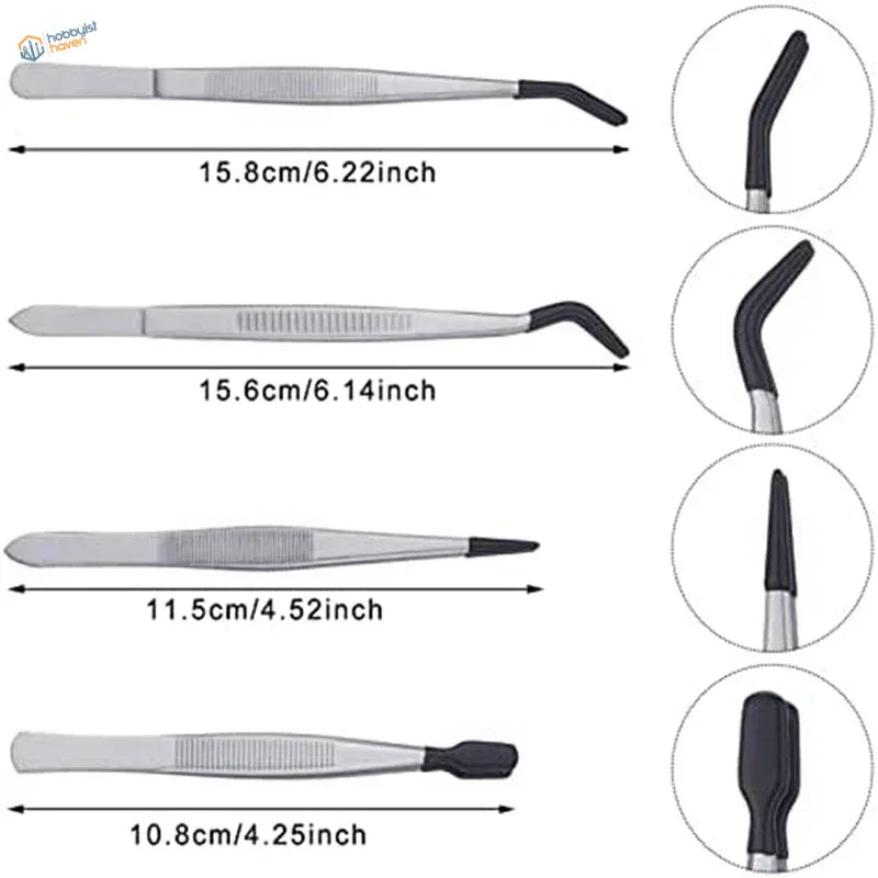 4 tweezers with rubber tips set, stainless steel with black rubber tips
