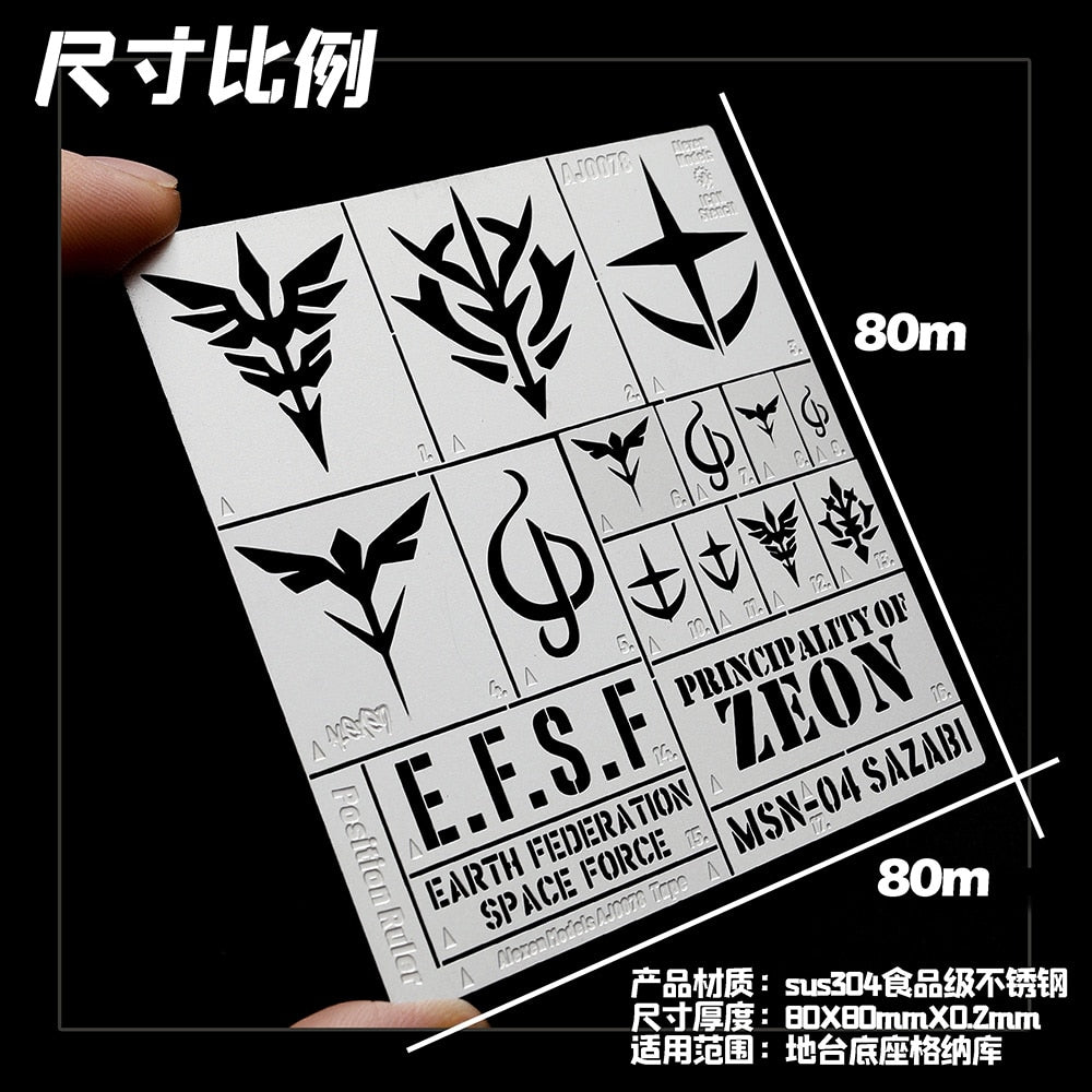 Gundam Zaku garage stencil sheet with Zeon emblems and e.f.s.f. symbols