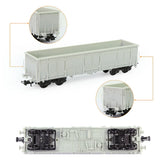 Gray plastic ho scale 1:87 gondola wagon with black undercarriage and detailed wheels for model building tools use