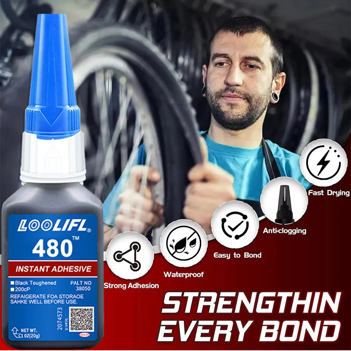 Blue and white capped single 20ml bottle of loofil 480 black cyanoacrylate adhesive for strong bonding