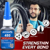 Blue and white capped single 20ml bottle of loofil 480 black cyanoacrylate adhesive for strong bonding