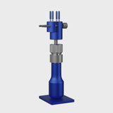 Blue Stedi MS-206 handheld vise standing on its base against a grey background