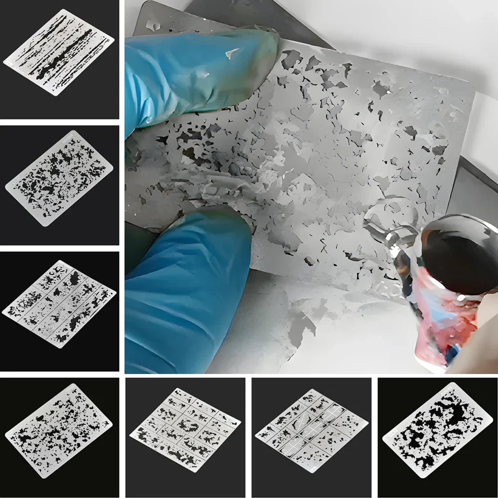 White rectangular streaking stencils with distressed paint for scale modeling DIY wall art