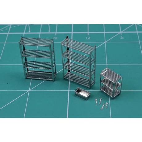 4pcs 1/64 silver metal storage rack toolbox with grid shelves