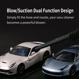 Black hose with spiral grip nozzle on portable wireless vacuum cleaner