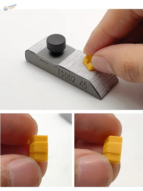 Silver metal hand plane with black knob in 45/60/90° sandpaper holder for scale modeling tools