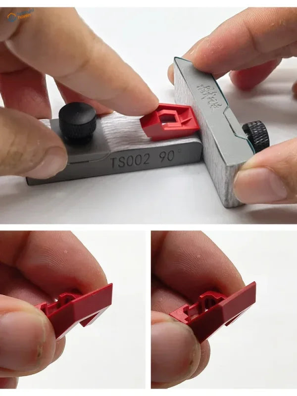 Red plastic watch band buckle measured with metal gauge for sandpaper holder