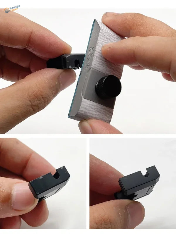Black plastic 45°/60°/90° sandpaper holder with textured grip for scale modeling tools