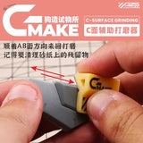 45° bevel sanding block with yellow C-surface grinding tool on gray plastic model