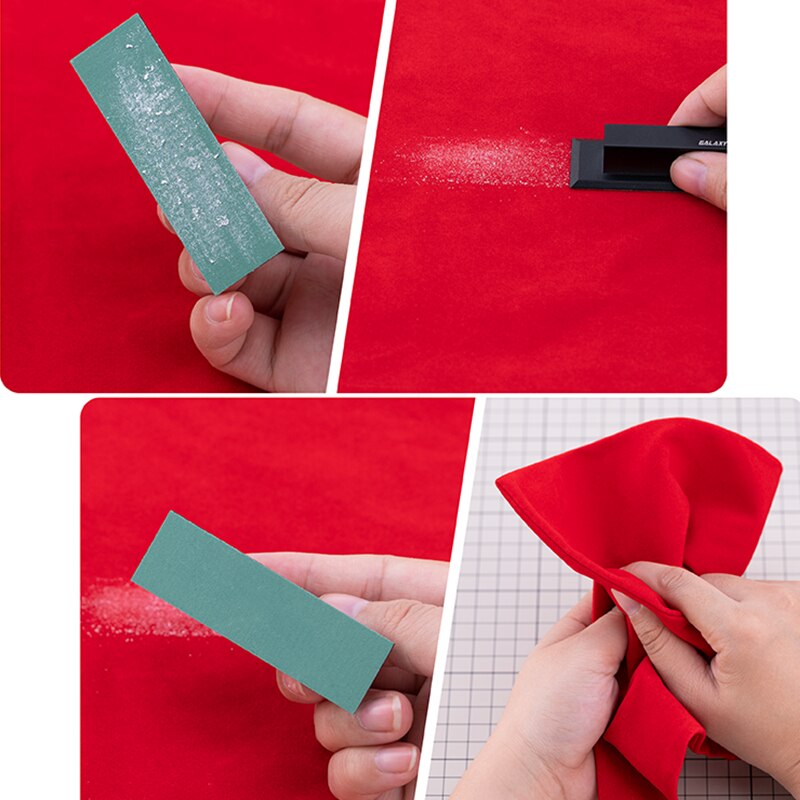 Green sanding block grinds red fabric on electrostatic cloth for sanding dust in scale modeling