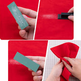 Green sanding block grinds red fabric on electrostatic cloth for sanding dust in scale modeling
