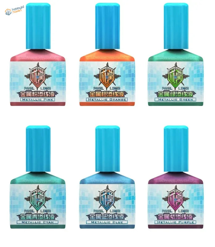 Six 45ml metallic panel liners in vibrant pink, orange, green, cyan, blue, purple