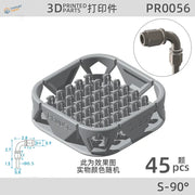 45pcs 3D-printed hose joints in gray plastic tray, model pr0056