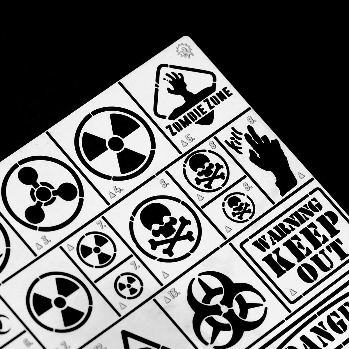 Zombie contamination stencil with skull, biohazard symbols for scale modeling tools