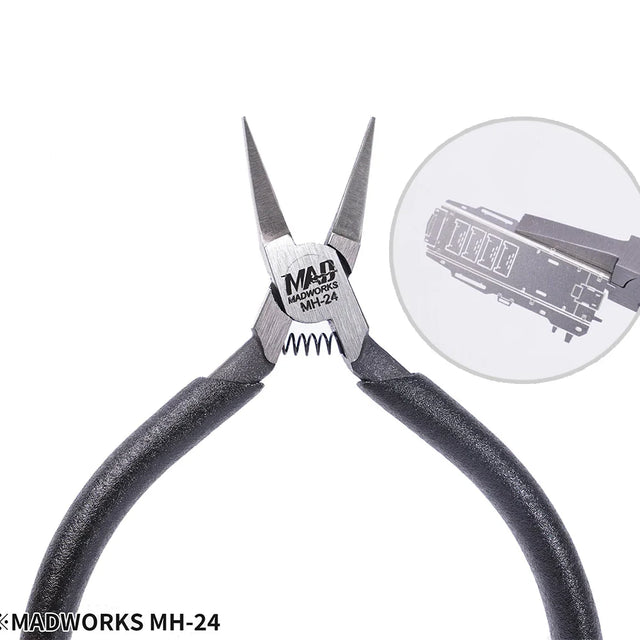 Madworks flat nose photo etch bending pliers with black handles silver jaws and spring mechanism for precision hobby tools