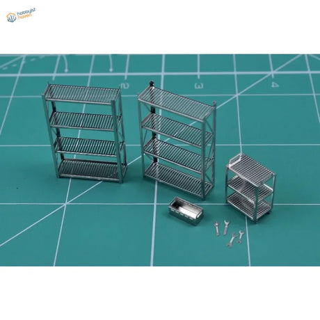 4pcs 1/64 silver metal storage rack toolbox with grid shelves