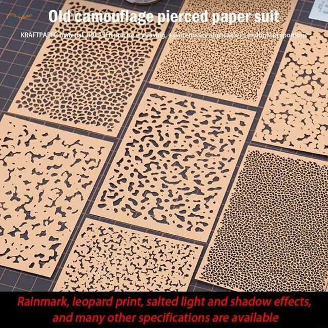 4pcs craft paper marbling stencils with beige kraft camouflage patterns