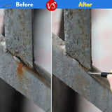 Before and after rust removal on metal showing clean welds using a 4pcs brush pen set with steel wire effects
