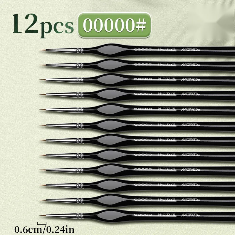 Set of 12 extra fine 5/0 nylon detail brushes with black triangular handles and silver ferrules