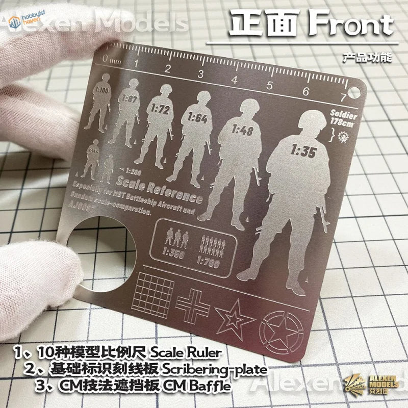 Silver scale ruler with soldier silhouette for scale modeling tools