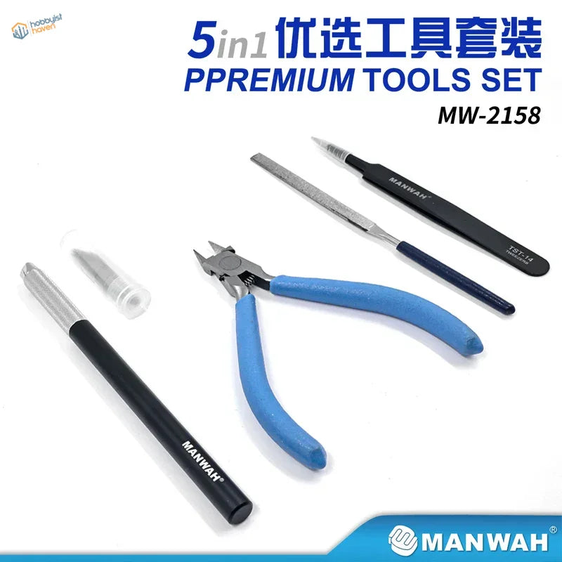 Blue-handled precision pliers and manwah tool in 5-in-1 premium craft tools